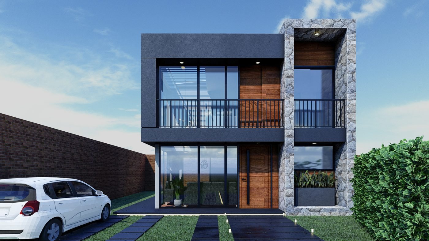 Vivienda con Fachada en Piedra y Madera — render