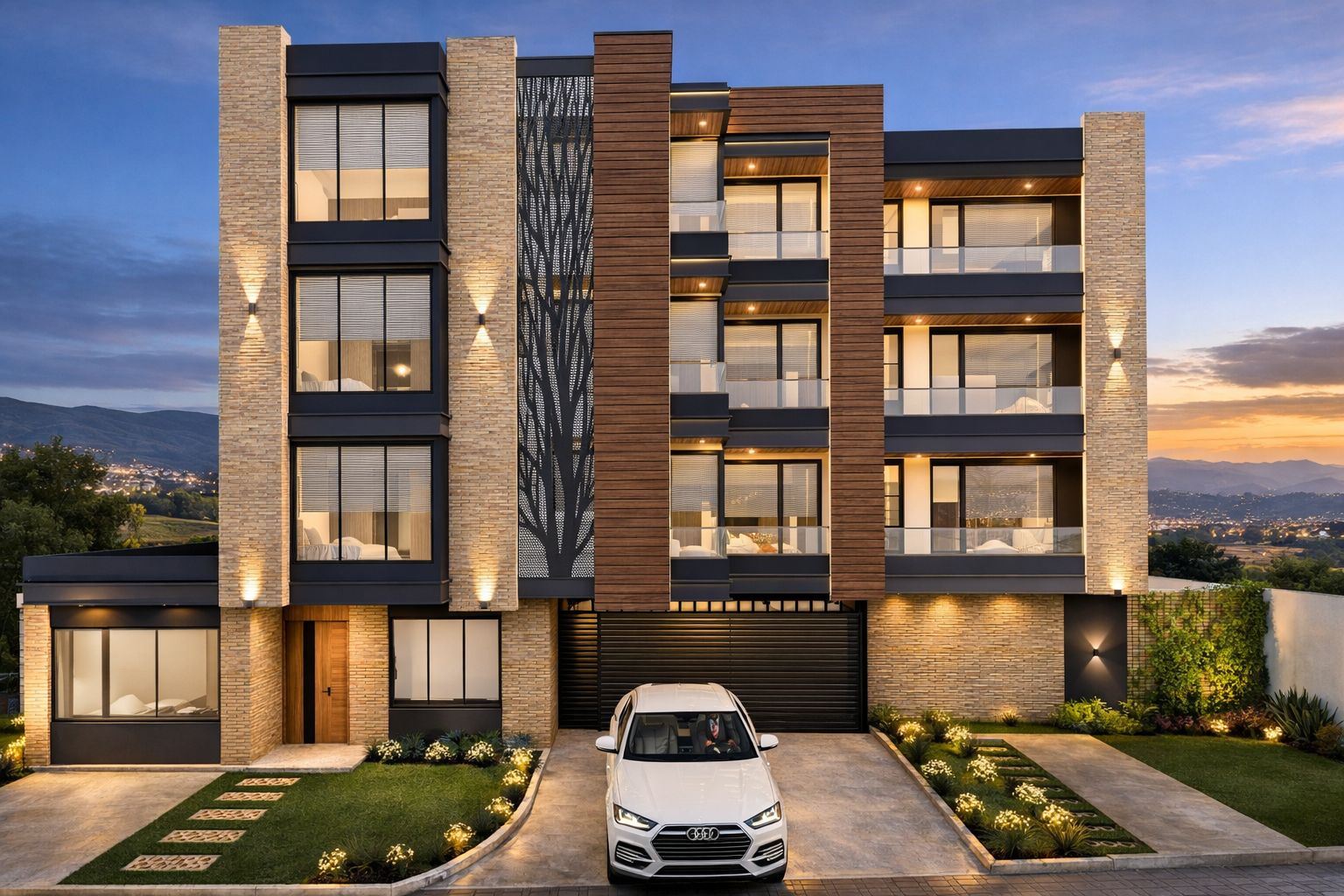 Vista frontal del edificio con fachada en piedra, madera y celosía con árbol